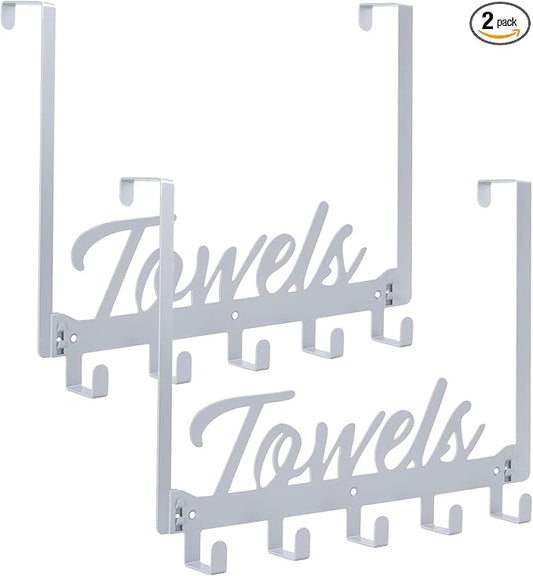 2 Pack Over The Door Hooks, Towel Rack for Bathroom Towel Holder for Hanging Heavy Duty,Over Door Hanger with 10 Coat Hooks for Bedroom Bathroom Kitchen, Silver