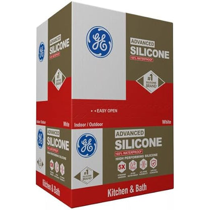 GE Advanced Silicone Caulk for Kitchen & Bathroom, White, 10 fl oz Cartridge, 12 Pack - 100% Waterproof Silicone Sealant, 5X Stronger Adhesion, Shrink & Crack Proof