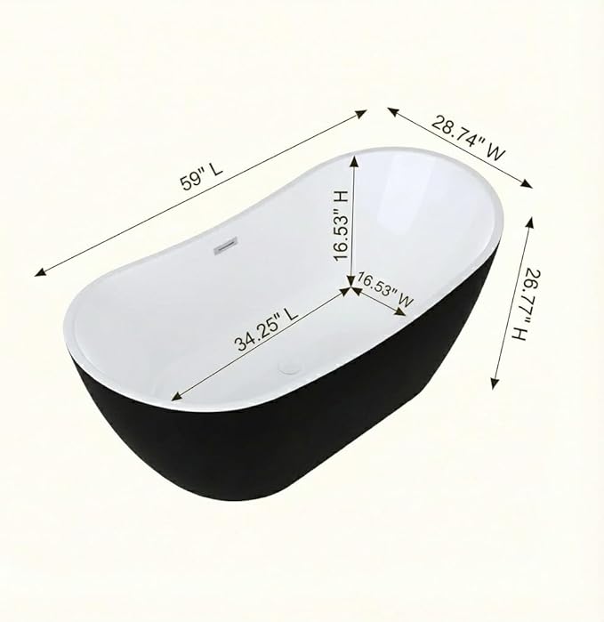 Bathtub with Upturned Ends, CUPC Chrome Drain and Overflow, White Interior and Black Exterior, Built-in Overflow, Fiber-Coated Fixing Bracket