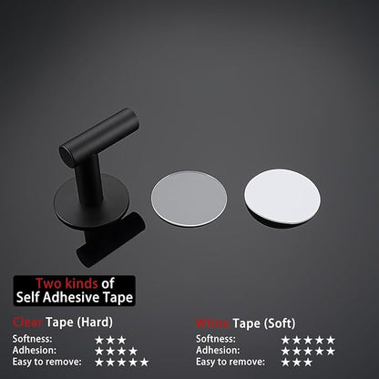 JQK Self Adhesive Towel Hook Black, No Drill Stick on Coat Robe Clothes Wall Hook for Bathroom Kitchen Garage 2 Pack, 304 Stainless Steel Matte Black, ATH110-PB-P4
