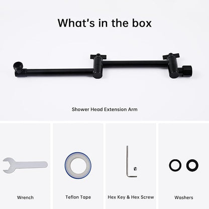 G-Promise 13 Inch Shower Head Extension Arm, Solid Brass Height & Angle Adjustable Extender, Rise or Lower Rainfall and Fixed Shower Head (Matte Black)