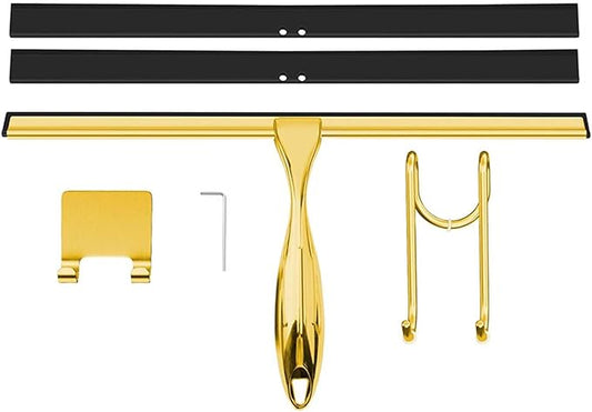 14-Inch Shower Squeegee, Stainless Steel Squeegee for Shower or Window Glass Door, Includes Two Spare Scrapers and one Adhesive Hook. (Gold, 14 in)