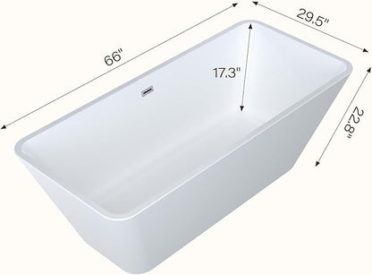 66" Acrylic Freestanding Soaking Bathtub, Matte Drain & Black Overflow, Modern Design Tub for Home Bathroom Renovations, Glossy White