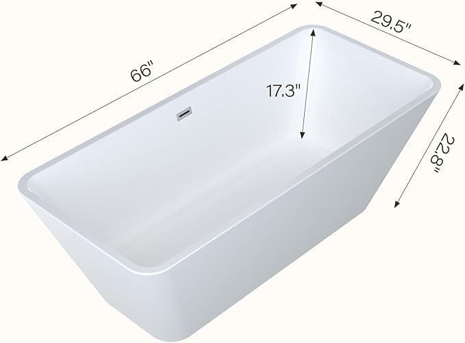 67" Free Standing Tub, Acrylic Soaking Bathtub, Stand Alone Freestanding Tub with Matte Sliver Drain and Overflow, Contemporary Bathtub for Bathroom, Elegant White