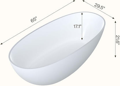 GarveeLife Freestanding Solid Surface Bathtub 65 Inch – Matte White Stone Stand Alone Soaking Tub with Ergonomic Curves, Deep Modern Bathtub for Luxury Main Bathroom