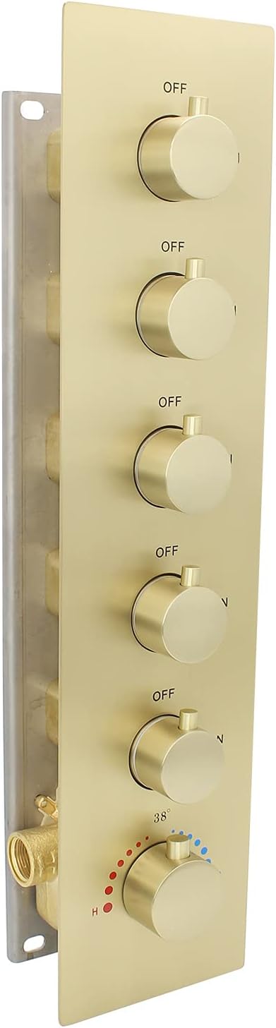 HOMEDEC Multi Function Shower Diverter Valve with Trim, 5 Port Concealed Brass Thermostatic Mixer Shower Control Valve Kit Replacement(5-Way, Brushed Gold)