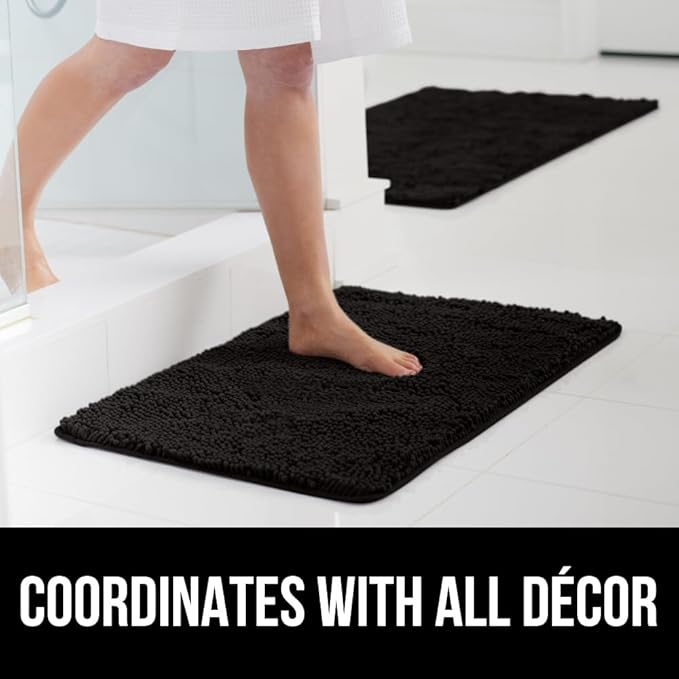 GORILLA GRIP Bathroom Rug Sets 3 Piece, Bath Mat Set and Oval Toilet Base with Rubber Backing, Plush Absorbent Shaggy Chenille Washable Mats, Includes 24x19.5, 24x17 and 36x24 Inch Rugs, Black