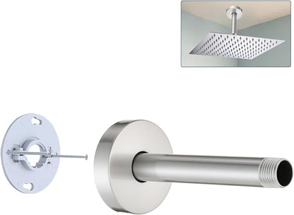 6 Inch Straight Shower Arm with Flange and Stabilizer Bracket, Ceiling Mount Replacement Rain Shower Head 304 Stainless Steel Arm For Fixed Shower Head, Brushed Nickel