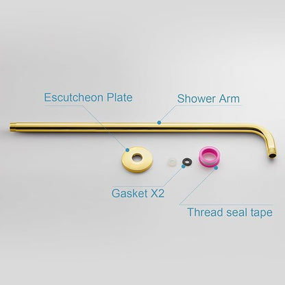OFFO Shower Arm with Flange, 24 in Bright Gold Wall Mount Replacement Angle Shower Head Arm Wall-Mounted For Fixed Shower Head & Handheld Showerhead