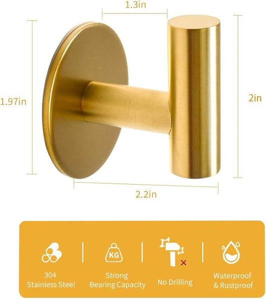 Vuzvuv Adhesive Brushed Gold Hooks, SUS304 Stainless Steel Self-Adhesive Towel Coat Robe Heavy Duty Waterproof Hook for Bathrooms Kitchen Hotel (2-Pack)