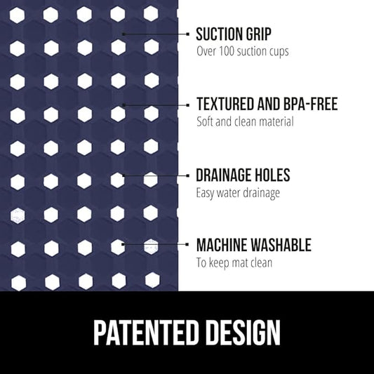 GORILLA GRIP Patented Square Shower Stall Mat, Small Bathtub Floor Mats for Stand Up Showers, Suction Cups and Drainage Holes, Machine Wash, Soft on Feet, Bathroom Accessories 21x21 Inch, Navy Opaque