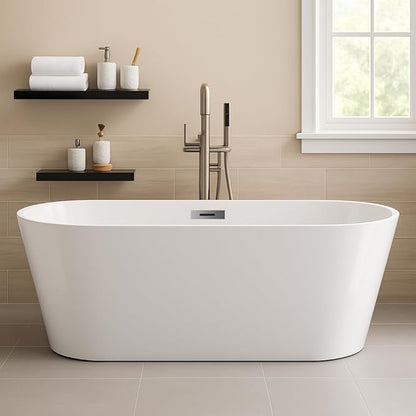 67 in Acrylic Freestanding Bathtub, Contemporary Stand Alone Tub,Glossy White Soaking Tub, Oval Bathtub with Chrome Overflow and Drain, CUPC Certified