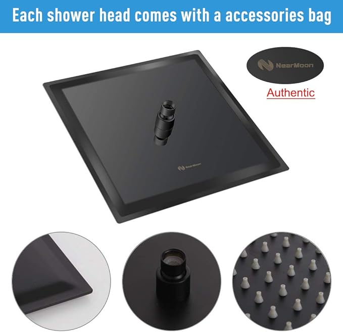 NearMoon Square Rain Shower Head With Extension Arm, Large Stainless Steel Rainfall Shower-Waterfall Full Body Coverage (12 Inch, Matte Black)