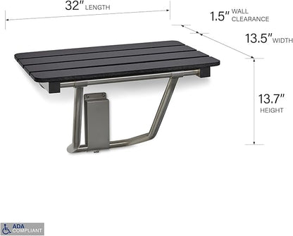 32-inch x 15-inch ADA Folding Wall Mount Bathroom Shower Seat Bench, Black Slatted Phenolic Seat
