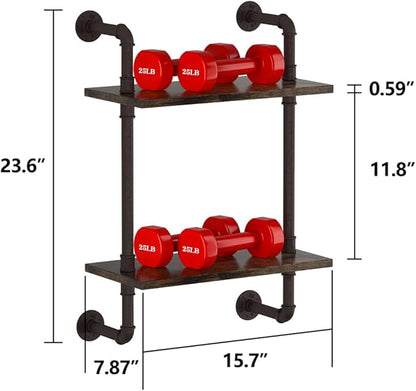 Helsin 2 Tier Industrial Pipe Floating Bathroom Shelves, 16inch Rustic Wood Wall Mounted Shelf, Storage Rack Sundries Holder for Kitchen Office Bathroom Organization & Home Décor