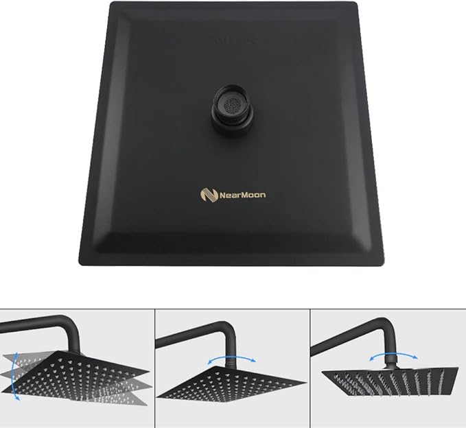 NearMoon Square Rain Shower Head With Extension Arm, Large Stainless Steel Rainfall Shower-Waterfall Full Body Coverage (8 Inch, Matte Black)