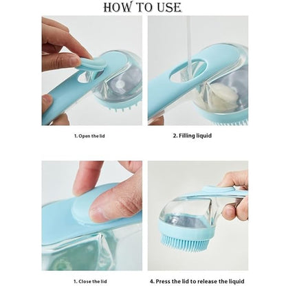 Pet Bath Brush with Silicone Bristles – Grooming Massage Tool with Liquid Dispenser for Wet & Dry Use – Deep Cleaning Portable Brush for Dogs and Cats (Blue)
