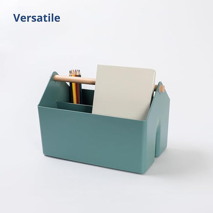 BLUE GINKGO Medium Storage Basket – Plastic Caddy with Wooden Handle for Office, Arts & Crafts, or Home Supplies (Green)