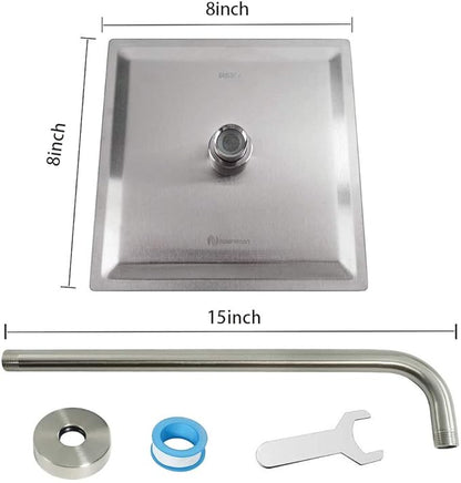 NearMoon Square Rain Shower Head With Extension Arm, Large Stainless Steel Rainfall Shower-Waterfall Full Body Coverage (8 Inch, Nickel)