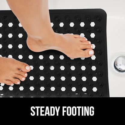 GORILLA GRIP Patented Bath Tub Shower Mat, Machine Washable Bathtub Floor Liner Mats, Suction Cups and Drain Holes to Keep Tubs Clean, Soft on Feet, Bathroom Essentials, 35x16 Inch, Black