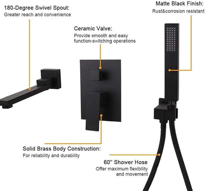Wall Mounted Bathtub Faucet with Handheld Shower, Solid Brass 180° Swivel Bathroom Tub Filler Faucet with Hand Shower Modern Single Handle Tub Faucet Set, Matte Black