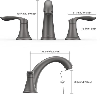 Bathroom Sink Faucet, Faucet for Bathroom Sink, Widespread Gun Grey Bathroom Faucet 3 Hole with Stainless Steel Pop Up Drain and cUPC Lead-Free Hose - (Gun Grey 2 Packs)