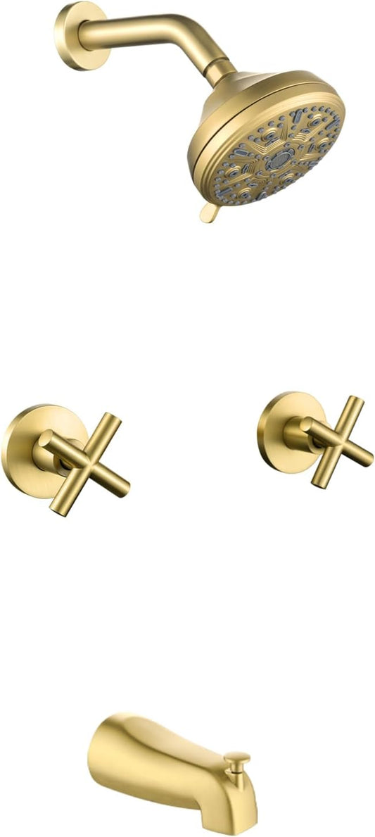 2 Handles Shower Faucet Set with Tub Spout Bathtub Shower Faucet Combo Set Shower System Complete Tub and Shower Trim Kit Brushed Gold Wall Mounted Shower Fixtures