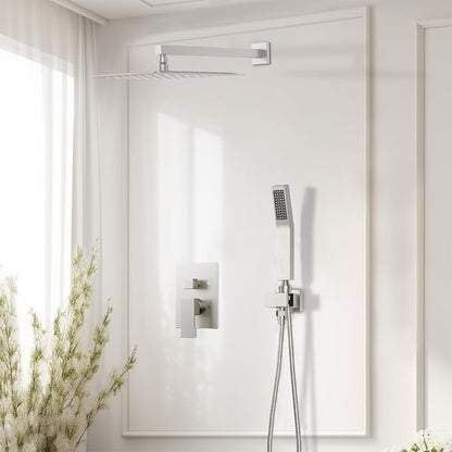 Rain Shower System Brushed Nickel, Starbath 12“ Rainfall Shower Head with Handheld Spray Complete Wall Mounted Rainfall Shower Faucet Set,2 Way Pressure Balance Shower Valve and Trim Kit Included