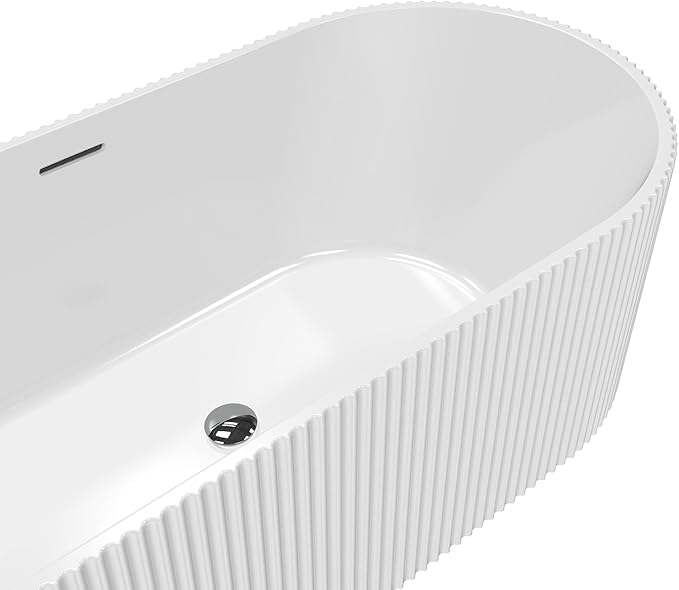 Freestanding Bathtub 59 Inch Acrylic Soaking Tub – Modern Stripe Design Free Standing Tub with Chrome Drain & Overflow, Contemporary Bathroom Bathtub