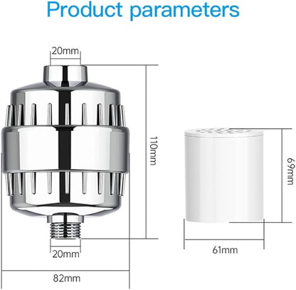 20 Stage Shower Filter Universal with Replaceable Water Filter,Bathroom shower filter head for hard water,Removing Chlorine and fluoride,Polished Chrome