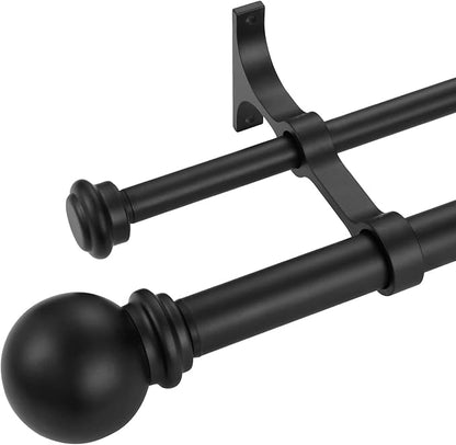 Double Curtain Rod 28 to 48 inch, Adjustable 1 inch Double Drapery Rod Rods for Windows and Doors with Ball Round Finials and Premium Aluminum Brackets Set (28-48",Matte Black)