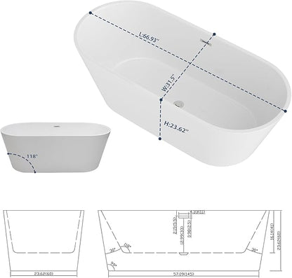 Sarlai 67 Inch Acrylic Freestanding Soaking Bathtub Contemporary Soaking White Tub Stand Alone Ergonomic Bathtub with Chrome Drain and Overflow