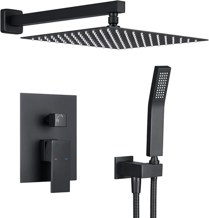 Rain Shower System 12 Inches Shower Combo Set Black Wall Mount Faucet Bathroom Faucets with Rainfall Shower Head and Hand Shower