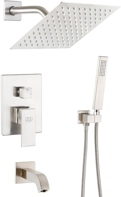 POP SANITARYWARE Shower Tub Faucet Set Brushed Nickel Bathroom 8 Inch Shower Head System with Tub Spout Wall Mounted Singe Handle Tub and Shower Trim Kit with Valve