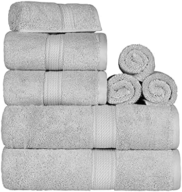 BLUENILEMILLS Madison Egyptian Cotton Towels, Towel Set for Bathroom, Shower, Hotel, Plush, 800 GSM, Highly Absorbent and Ultra-Soft Towels, Bath Essentials, 8 Piece Assorted Towel Set, Silver