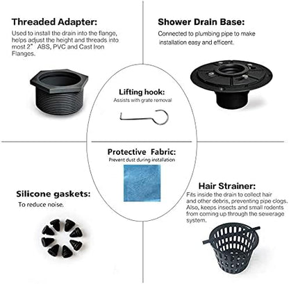 Neodrain 4-Inch Square Shower Drain with Removable Quadrato Pattern Grate, 304 Stainless Steel, Includes PVC Shower Drain Base&Hair Strainer, Shiny Black