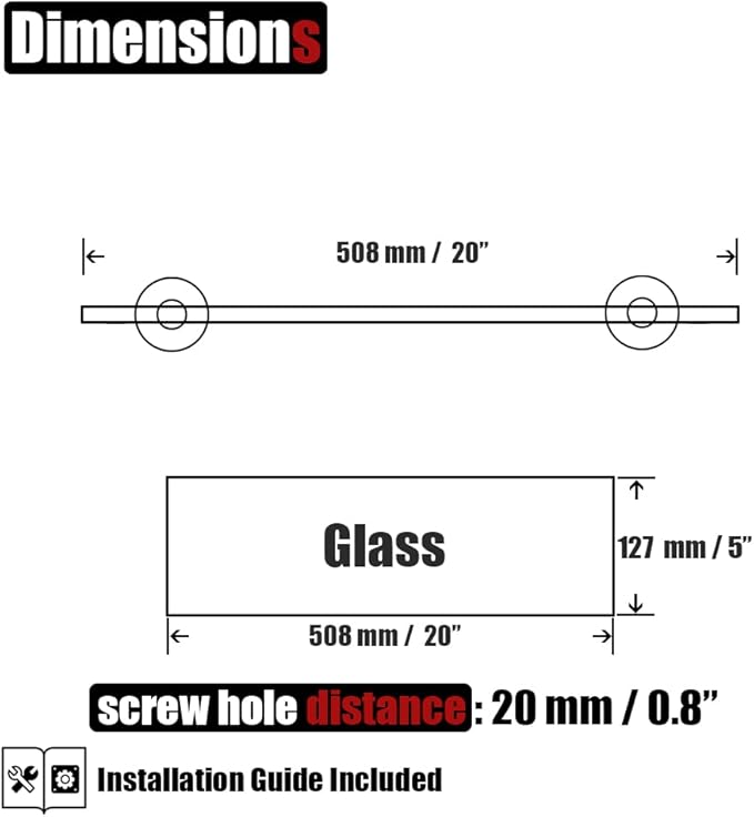 JQK Bathroom Glass Shelf Black, Tempered Glass Shower Storage 20 by 5 inches, 304 Stainless Steel Matte Black Wall Mount, 2 Pack, TGS101L20-PB-P2