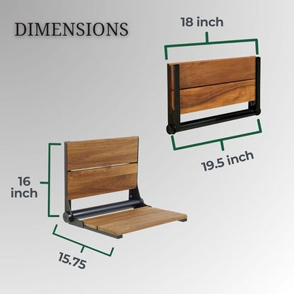 Folding Shower Seat Wall Mounted with Back | 500 lbs Maximum Load Capacity | ADA Compliant Safety Assist Teak Shower Seat for Seniors, Handicapped, and Children | 304 Stainless Steel Frame | 18” x 16”