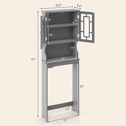 COSTWAY Over The Toilet Storage Cabinet, Bathroom Shelf Over Toilet, Double Door Bathroom Storage Cabinet Organizer with Adjustable Shelf, Open Shelf (Grey)