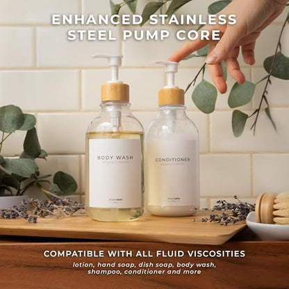 Maisonovo Plastic Soap Dispenser Set | Hand Soap and Dish Soap Dispenser Set | 16.9oz Amber Bottles with Black Bamboo Pump | Bathroom Lotion Dispenser with Pump Set of 2