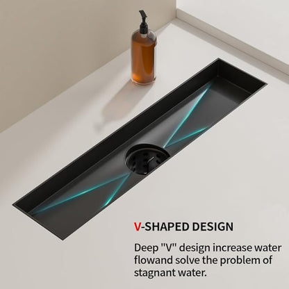 Linear Shower Drain, 304 Stainless Steel with Adjustable Leveling Feet, Hair Strainer,Reversely Install Place to Create an Invisible Floor Drain - Black -32-Inch