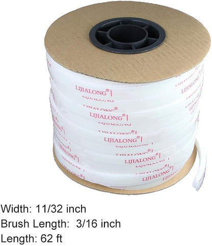 TORRAMI Adhesive Brush Seal Weather Stripping 11/32 inch x 3/16 inch x 62 ft, Dustproof Soundproof Windproof for Windows Bottom and Frame,Sliding Doors Frame,Wardrobe, White