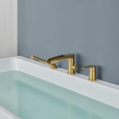Waterfall Roman Tub Faucet Brushed Gold Deck Mount Bathtub Faucets Brass Tub Filler Bathroom Faucets with Hand Shower
