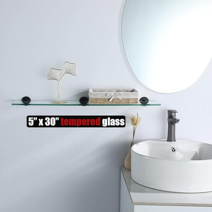 JQK Bathroom Glass Shelf Black, Tempered Glass Shower Storage 30 by 5 inches, 304 Stainless Steel Matte Black Wall Mount, TGS101L30-PB