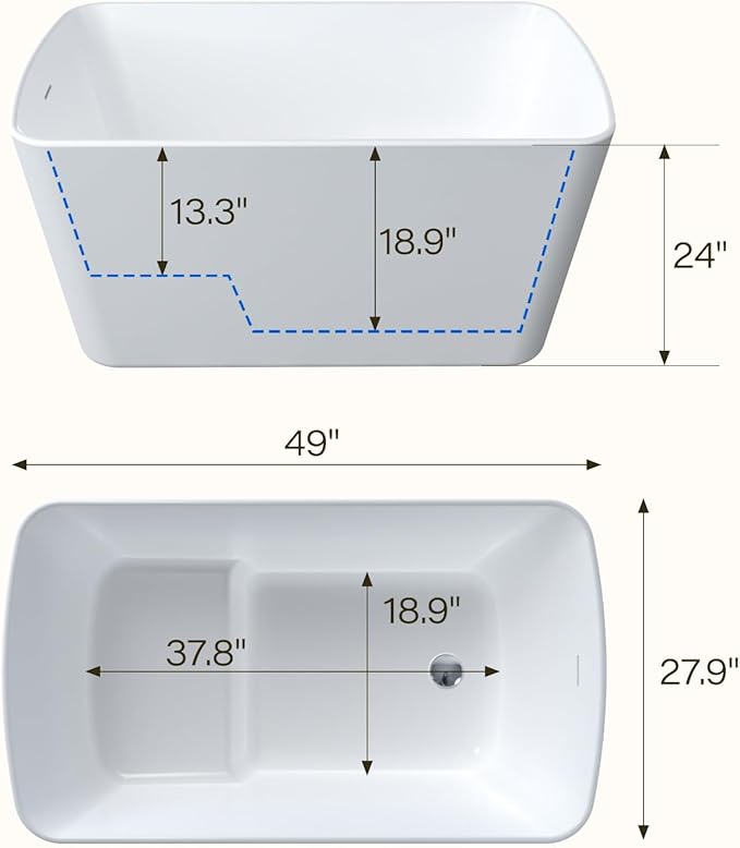49 Inch Freestanding Bathtub, Acrylic Sit-In Soaking Tub with Chrome Drain & Overflow, Glossy White Modern Design, Compact Space-Saving Bath for Bathrooms
