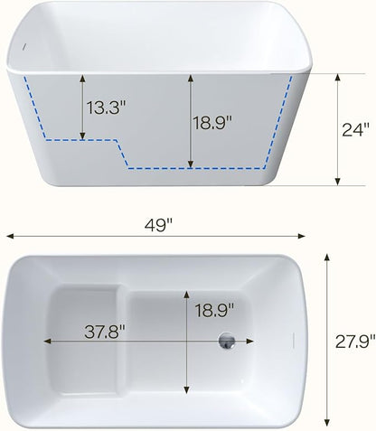 49 Inch Acrylic Freestanding Bathtub, Soaking Bathtub with Matte Drain and Overflow, cUPC Certified, Modern Square Tub with Deep Ergonomic Design and Double-Walled Insulation for Bathroom Use, White