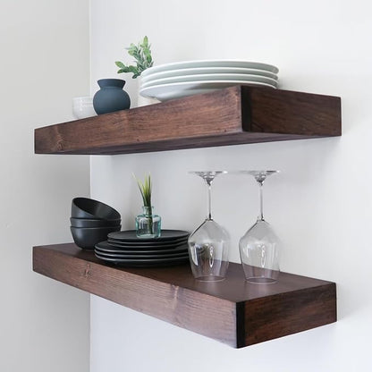 Urbandi Modern Floating Shelves 3 Inches Thick for Wall, Wide Shelves for Kitchen, Living Room, Bedroom, and Bathroom, Natural Pine Wood, Rustic Wooden Shelf, (Set of 2) (Provincial, 48Lx3Hx8D)