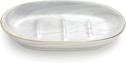 Luxspire Soap Dish Holder, Ceramic Marble Soap Tray Bar Soap Holder with Gold Trim, Oval Sponge Case Box Hand Soap Plate Container for Bathroom Vanity Shower Kitchen Sink Easy Cleaning, Marble White