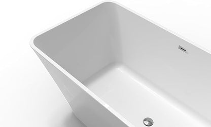 Freestanding Bathtub 59 Inch Compact Acrylic Soaking Tub with Chrome Drain, Stand Alone Bath Tub for Bathroom, Oval Design for Small Space, Modern White Tub for Home Relaxation