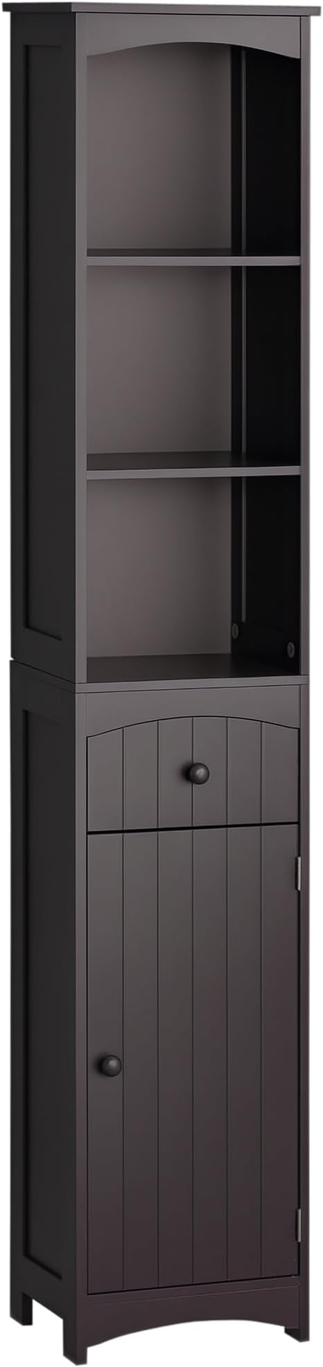 HOMCOM Bathroom Storage Cabinet, Free Standing Bathroom Storage Unit, Tall Linen Tower with 3-Tier Shelves and Drawer, Brown